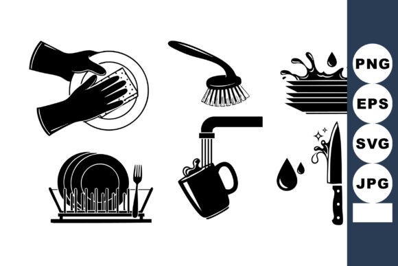 Dishwashing Kitchen Cleaning Icons: Crafts & Graphics
