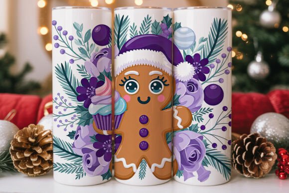 Gingerbread Purple Holiday Floral PNG: Tumbler Wraps & Graphics