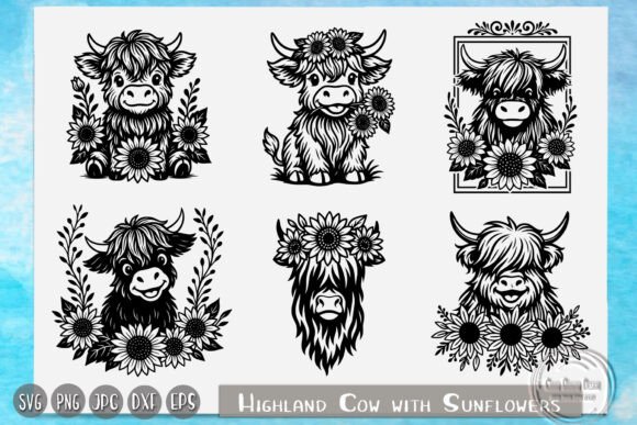 Highland Cow, Sunflowers, Farm Animal Graphics & Crafts