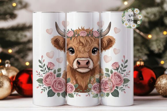 Highland Cow with Roses Tumbler Wrap Graphics