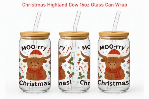 Highland Cow Xmas Glass Can Wrap Graphics for Crafts