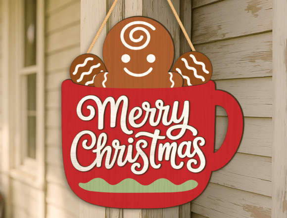 Merry Christmas Gingerbread Cup Sign SVG for Laser Cutting & Winter Amp