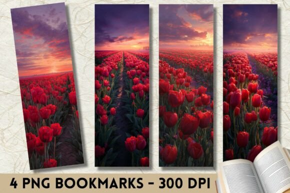 Red Tulip Field Sunset Scenery Bookmark Graphics for Tumbler Wraps