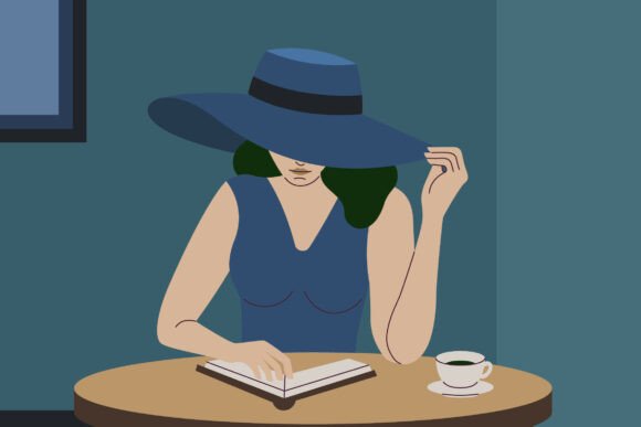 Woman with Hat in Café: Graphics & Illustrations